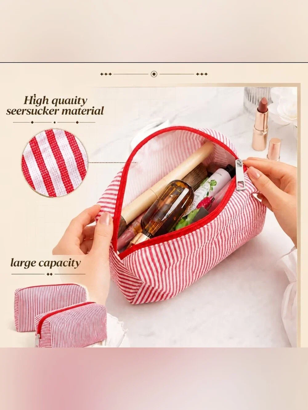 Green Or Red Striped Toiletry/cosmetic Bags Set